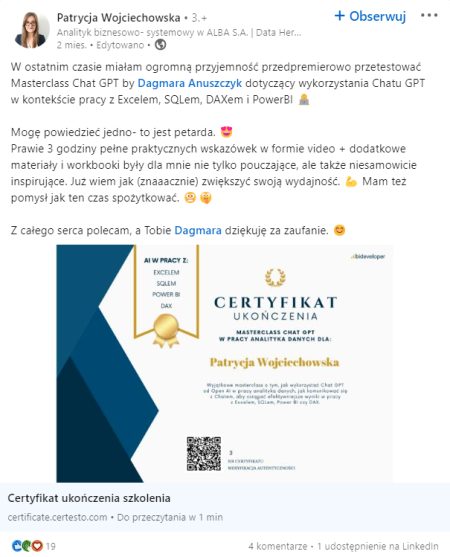 Patrycja Wojciechowska certyfikat